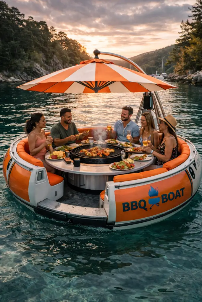 Groupe d’amis profitant d’un barbecue sur un bateau rond BBQ Boat au milieu d’un lac entouré de nature, avec grill central, parasol orange et ambiance conviviale au coucher du soleil.