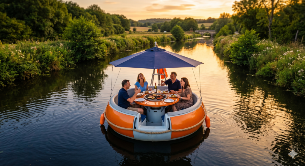 Bateau barbecue rond orange sans permis naviguant sur une rivière française au coucher de soleil, groupe de quatre adultes partageant un repas autour d’un barbecue central, ambiance conviviale et estivale, reflets dorés sur l’eau calme, activité originale de loisir nautique en France, idée sortie entre amis ou en famille en plein air