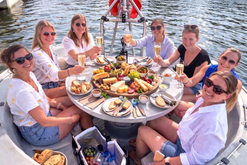 bbq boat paris Avis BBQ Boat Paris : 5 partenaires témoignent de leur première saison 3 Avis BBQ Boat Paris: Groupe de femmes profitant d’un moment convivial à bord d’un BBQ Boat sur un lac. Installées autour d’une table circulaire garnie de fromages, fruits, tapas et coupes de champagne, elles partagent un apéro brunch festif au soleil. Ce bateau barbecue offre une expérience insolite et premium sur l’eau, idéale pour un EVJF, un anniversaire, une sortie entre amies ou un événement privé.