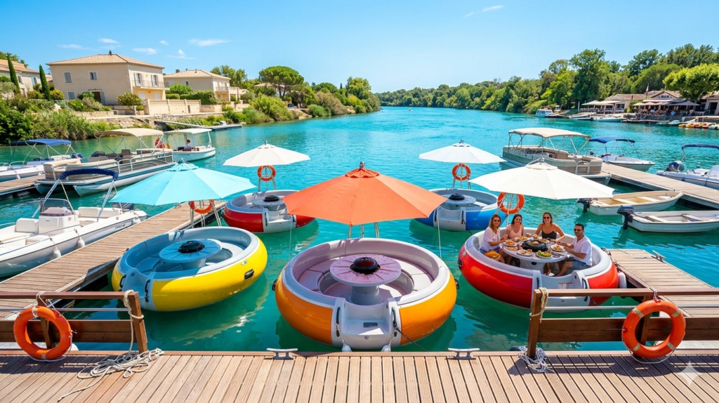 Bateaux barbecue flottants colorés sur rivière turquoise avec parasols, groupe d’amis en train de déjeuner sur l’eau, activité nautique conviviale dans un cadre méditerranéen ensoleillé
